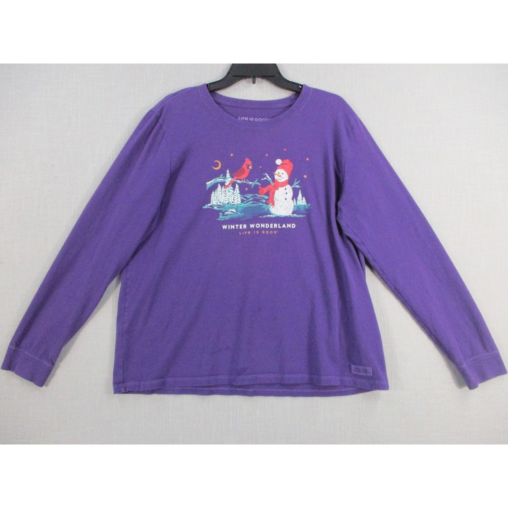 Life Is Good Crusher Long Sleeve Tee Purple Winter Wonderland Snowman XL Womens